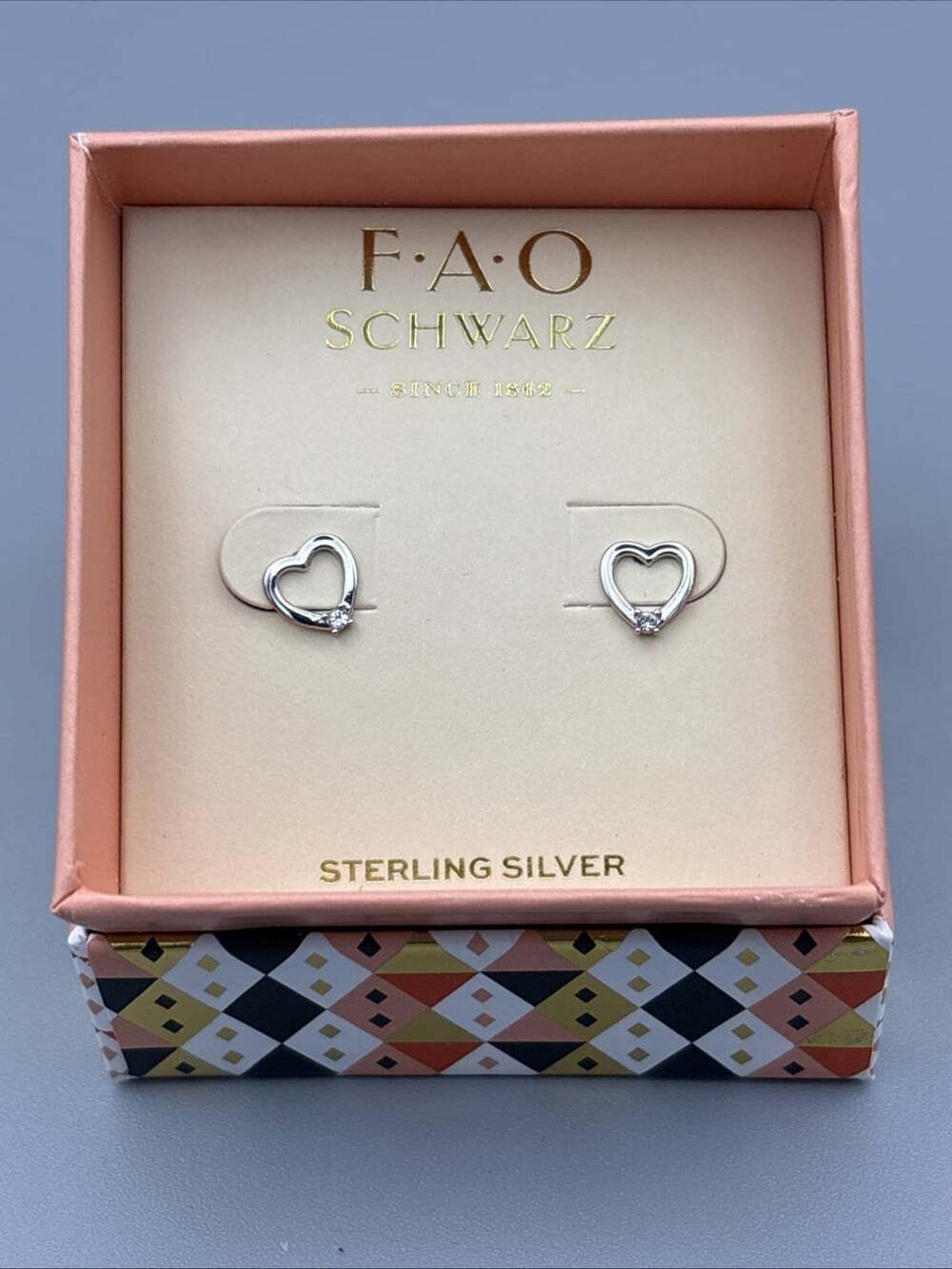 FAO Schwarz 925 Sterling Silver Heart Stud Earrings Butterfly Back Lobe